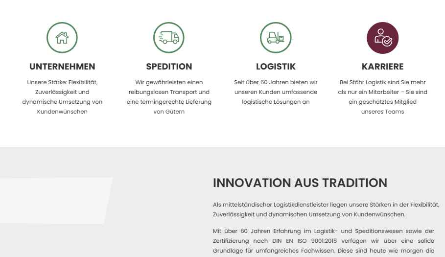 Teaser-Bereich mit vier Icon-Kacheln Unternehmen, Spedition, Logistik, Karriere