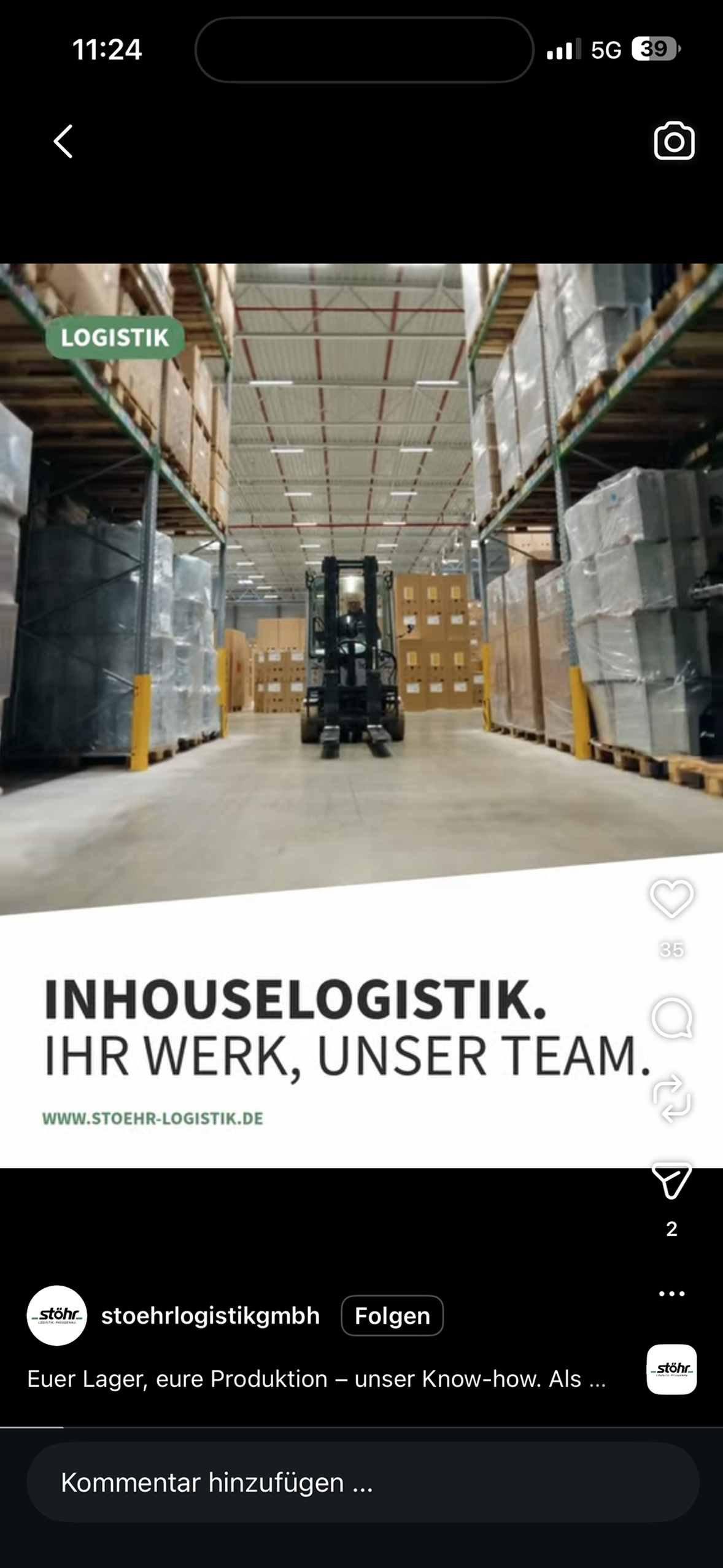 Instagram-Feed: Video-Beitrag Inhouselogistik im 4:5-Format